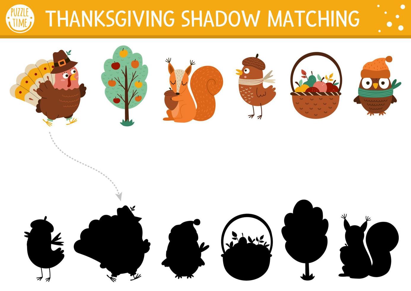 Thanksgiving shadow matching activity with cute animals, harvest. Autumn holiday puzzle with turkey, apples. Find correct silhouette printable worksheet or game. Fall or farm page for kids vector