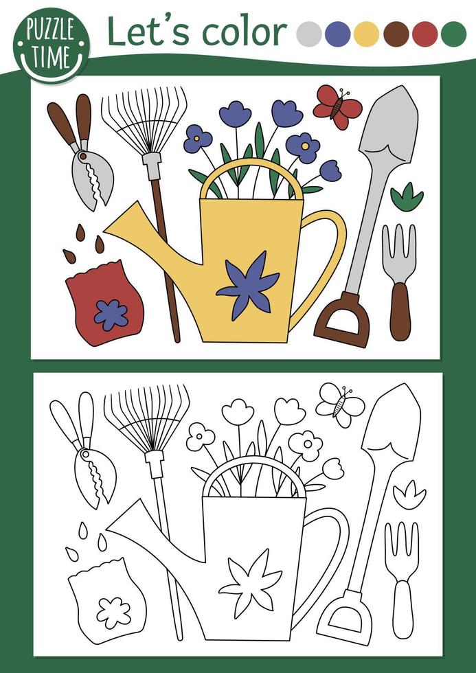 Página para colorear de jardín para niños con regadera y herramientas de jardinería. vector ilustración de contorno de primavera. libro de colores para niños con ejemplo de colores. hoja de trabajo imprimible de habilidad de dibujo