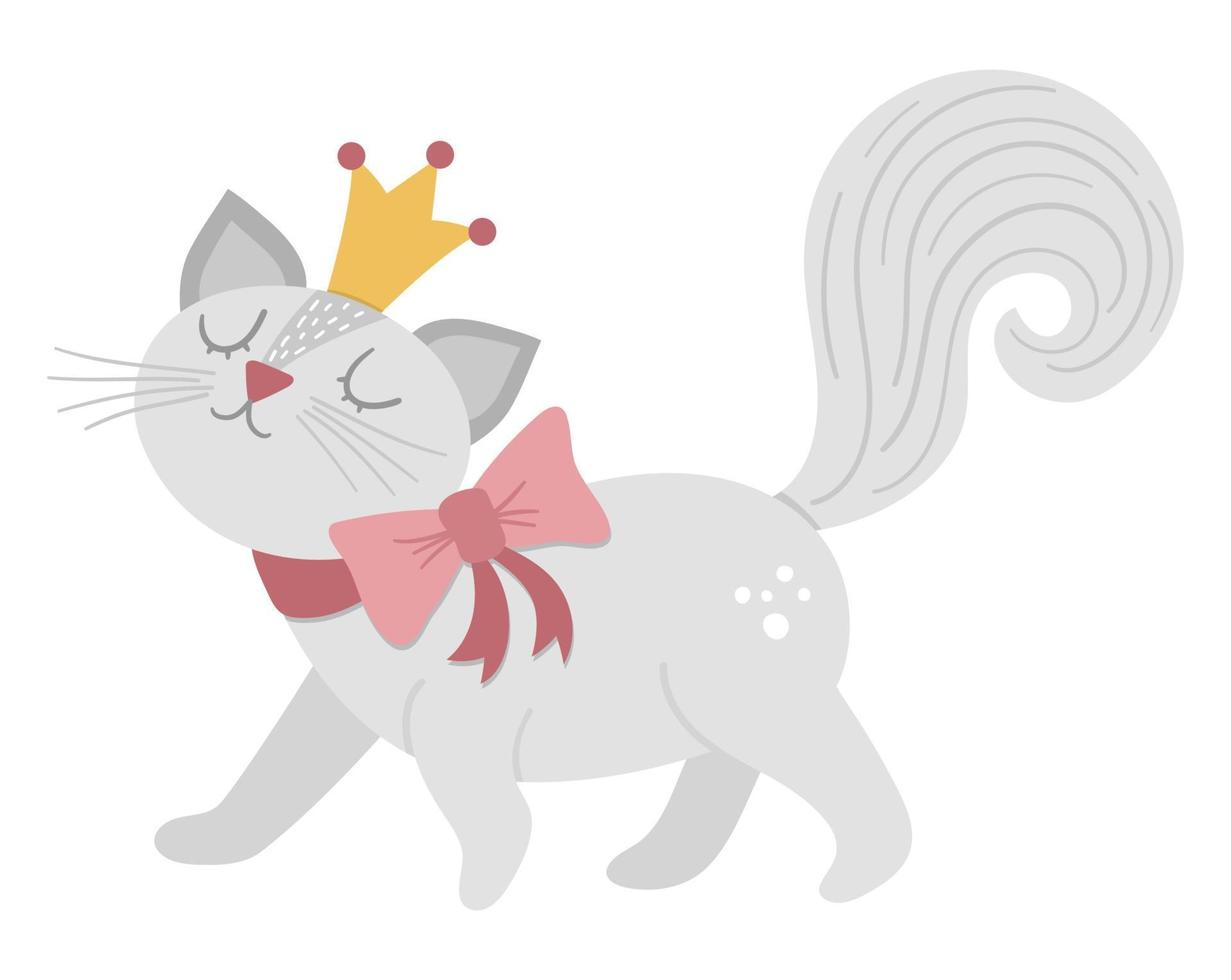 Fairy tale vector cat princess. Fantasy animal in crown isolated on white background. Fairytale character. Cartoon magic icon