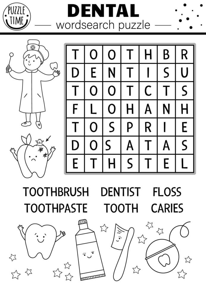 Vector black and white dental wordsearch puzzle for kids. Simple tooth care crossword with dentist, floss, toothbrush, toothpaste. Educational mouth hygiene keyword activity