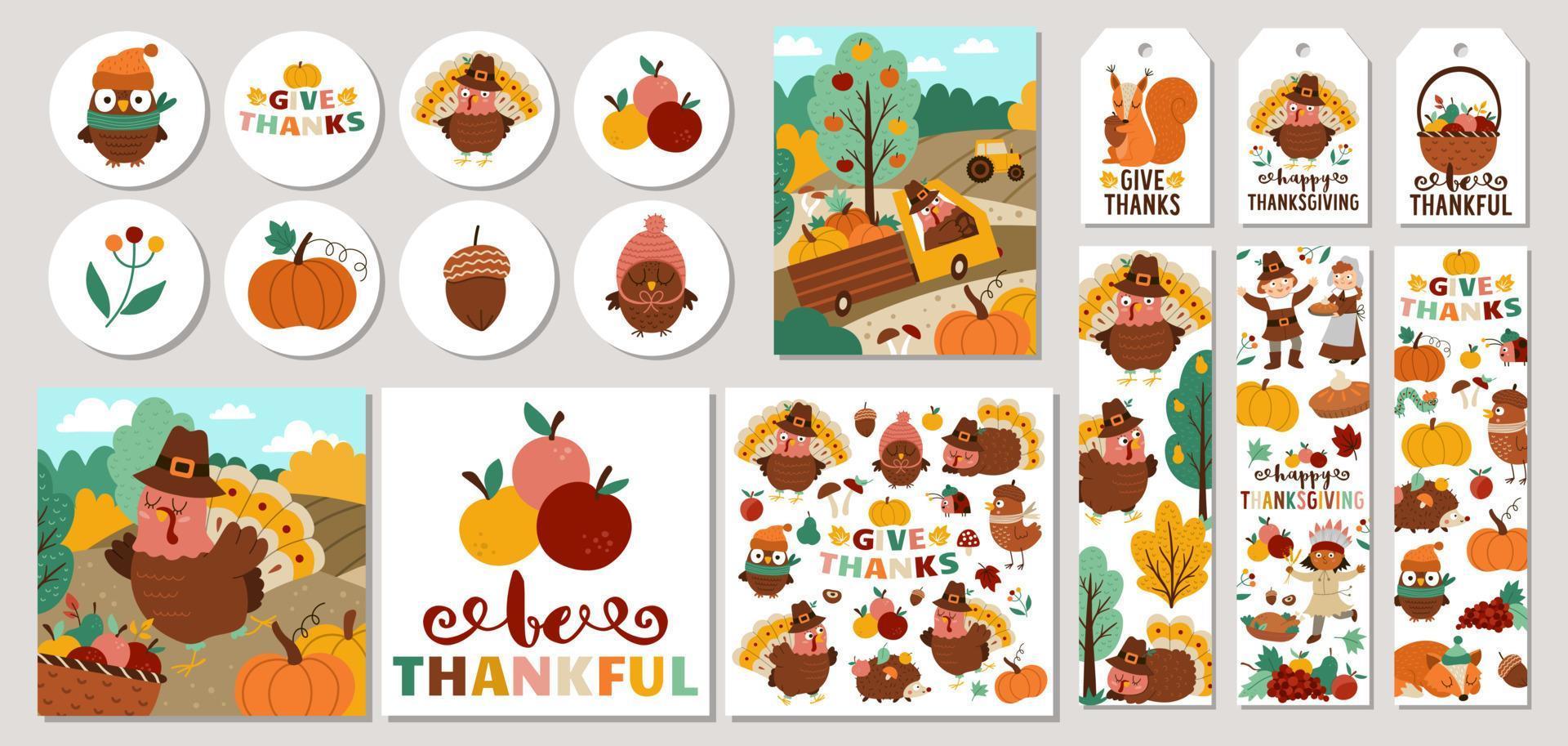 Cute set of Thanksgiving cards with turkey, forest animals, harvest, pilgrims. Vector autumn holiday square, round, vertical print templates. Fall design for tags, postcards, ads