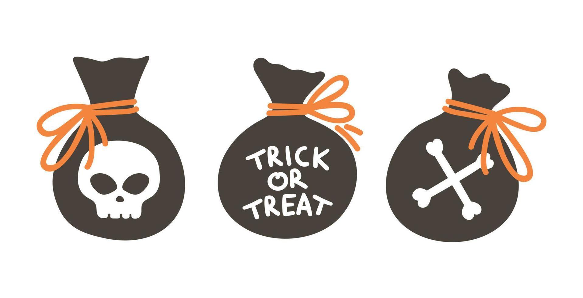 Set of vector sacks with sweets for trick or treat game. Traditional Halloween party elements. Scary bags with skull and bones collection. Samhain desserts packs. Autumn holiday design