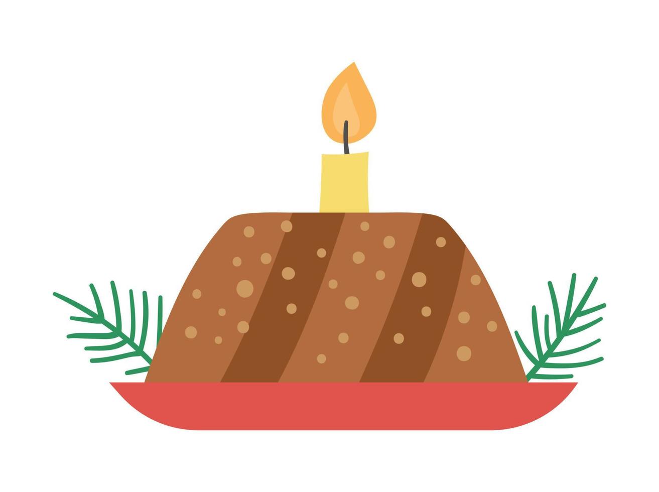 Vector de pastel de Navidad con ramitas de coníferas y velas aisladas sobre fondo blanco. linda ilustración divertida de pastelería de año nuevo. icono de postre tradicional de invierno