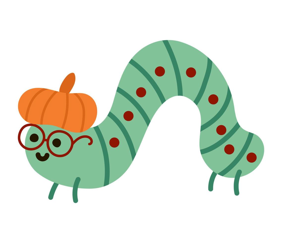 vector dibujado a mano plana oruga verde arrastrándose en sombrero de calabaza y gafas. divertido icono de insectos del bosque. linda ilustración de gusano de libro. error del día de otoño o acción de gracias