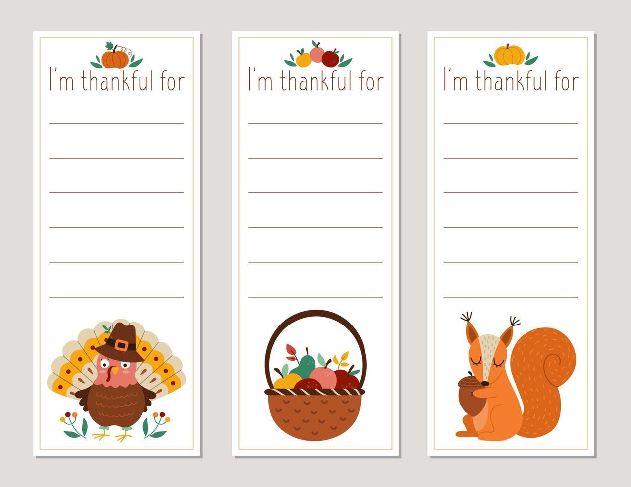 thanksgiving cards set im thankful for vertical templates collection with cute turkey pumpkin owl hedgehog autumn holiday frame or bookmark designs for kids vector vector thanksgiving cards set. im thankful for vertical templates