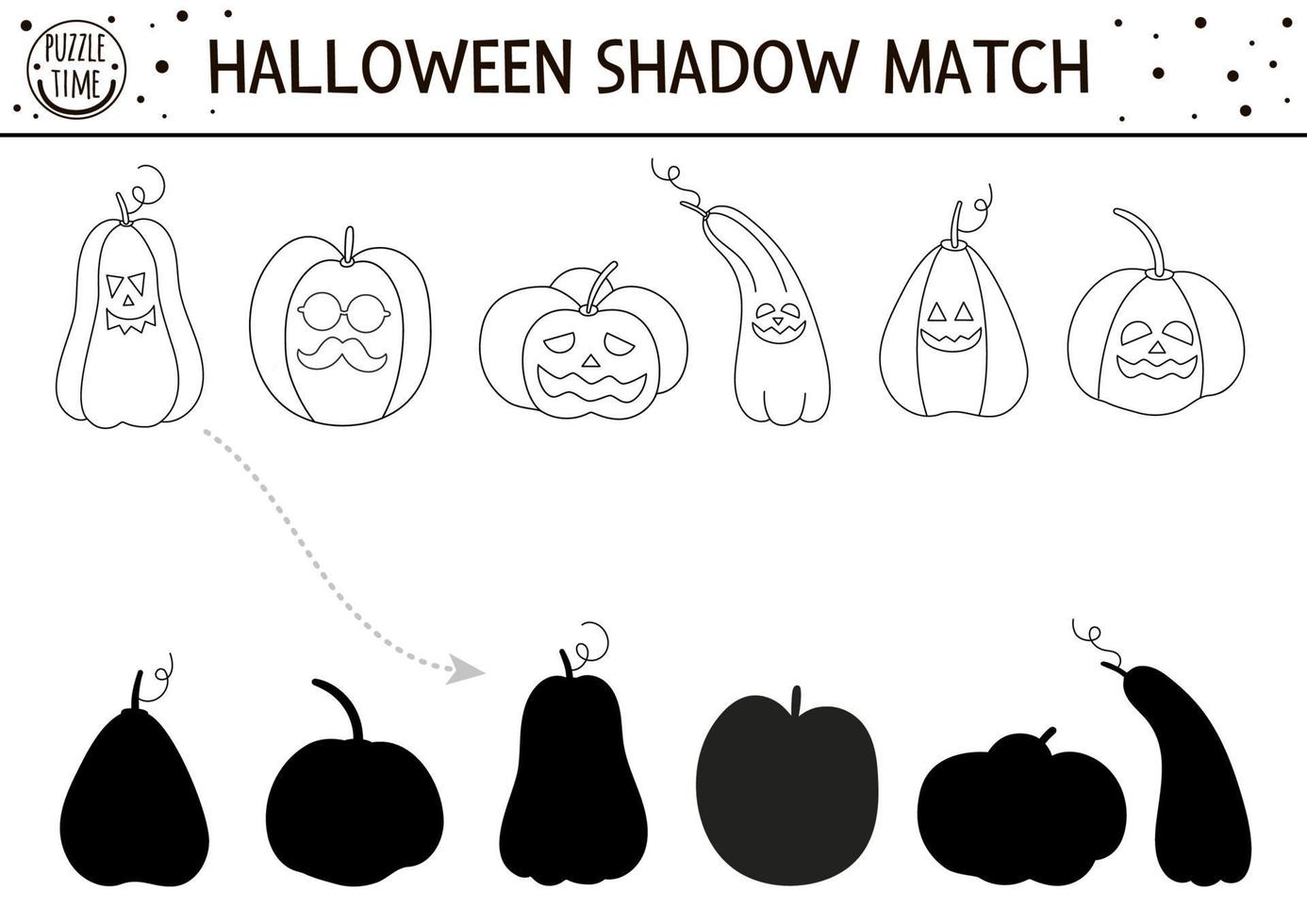 Halloween black and white shadow matching activity. Autumn outline puzzle or coloring page with jack-o-lanterns. Game with scary pumpkins. Find correct silhouette printable worksheet. vector