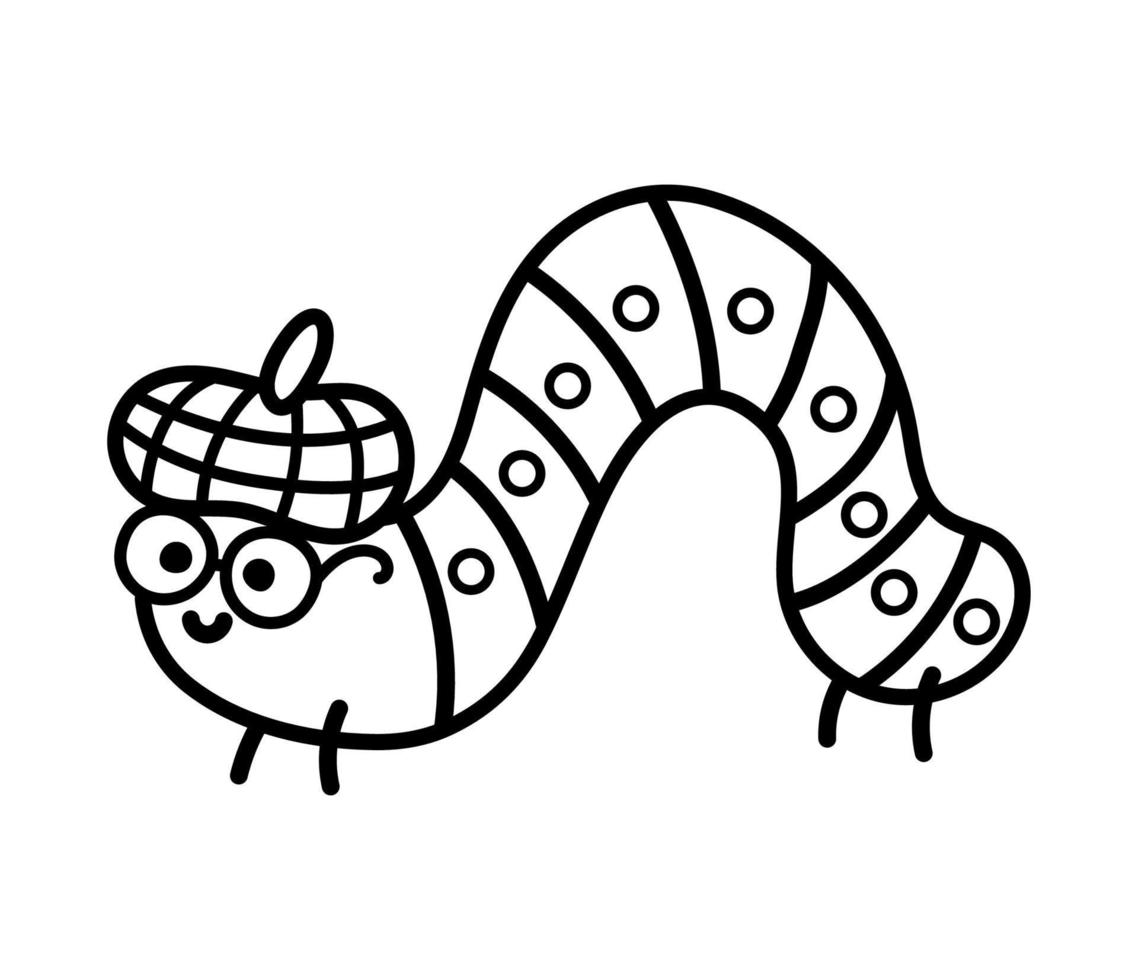 vector oruga de rastreo en blanco y negro con sombrero de calabaza y gafas. divertido icono de línea de insectos del bosque. Ilustración de contorno de gusano de libro lindo. error del día de otoño o acción de gracias