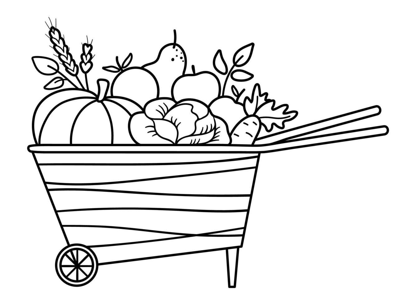 Vector black and white wheelbarrow with apples, pear, pumpkin, carrot. Autumn outline garden clipart. Fruit and vegetables illustration isolated on white background. Fall season harvest line icon
