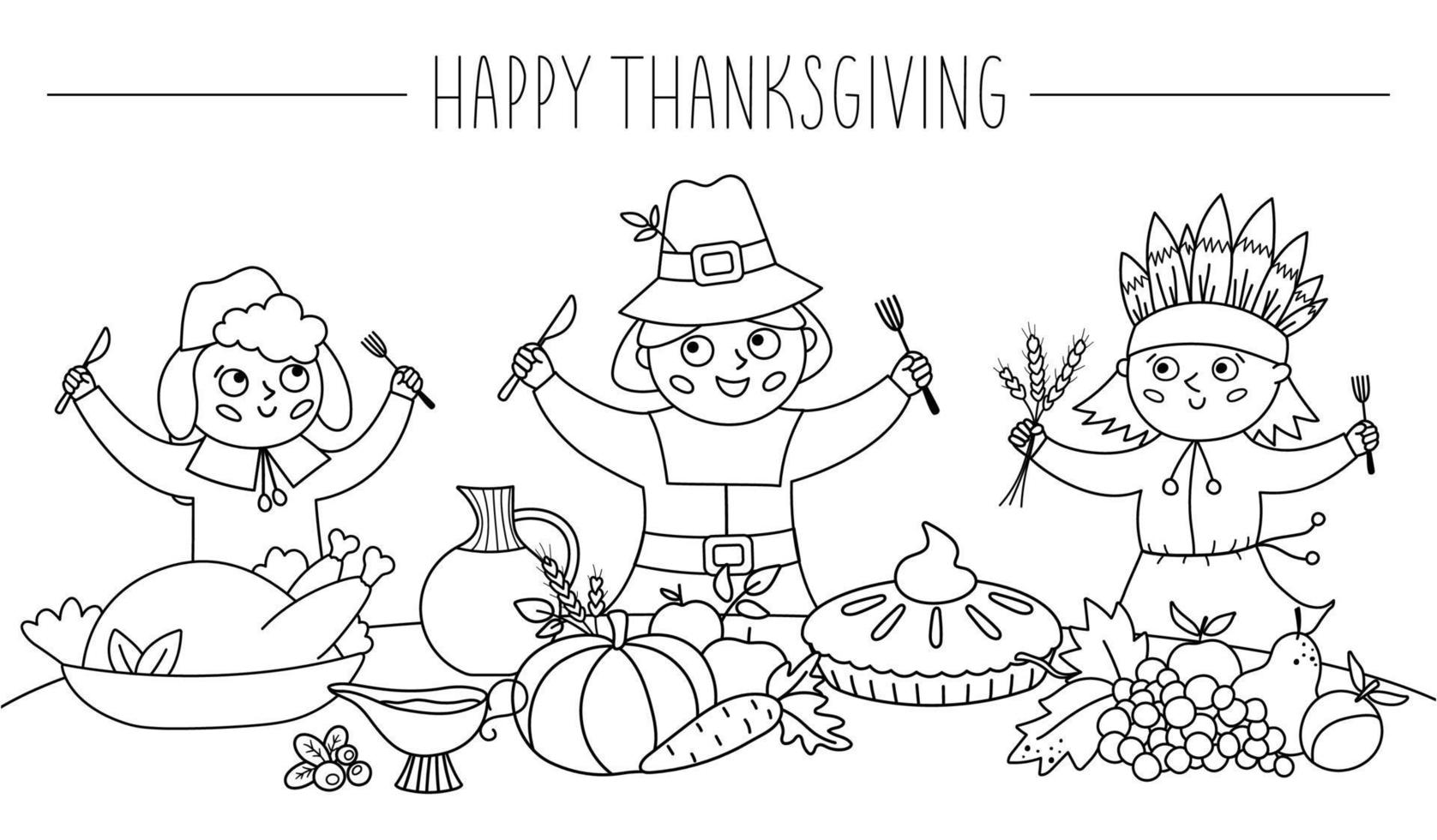 Happy black and white pilgrims and native American Indian give thanks for the food. Thanksgiving Day line characters and traditional holiday meal illustration. Vector outline autumn table scene