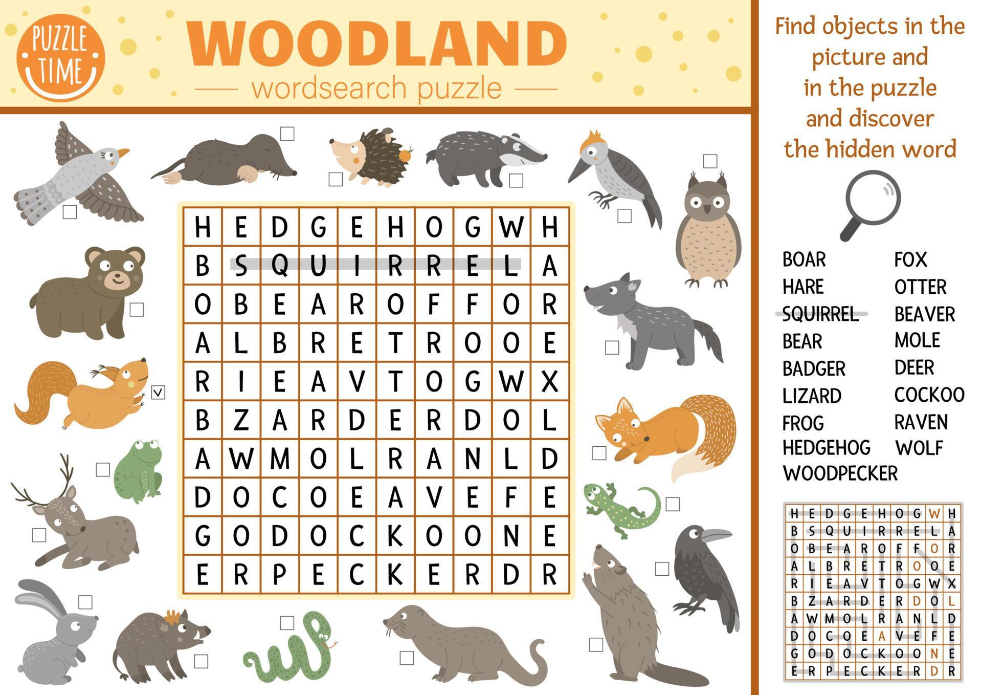 vector forest animals and birds wordsearch puzzle for kids simple woodland crossword with fox bear owl squirrel for children educational keyword activity with badger beaver snake deer boar 3758206 vector art at