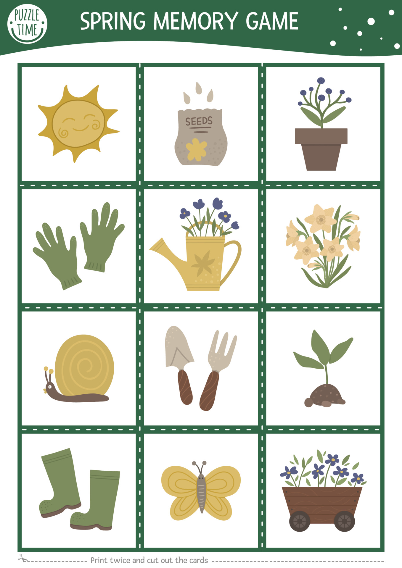vector spring garden memory game cards with cute tools baby plants farm matching activity remember and find correct card simple printable worksheet for kids with flowers 3758207 vector art at vecteezy