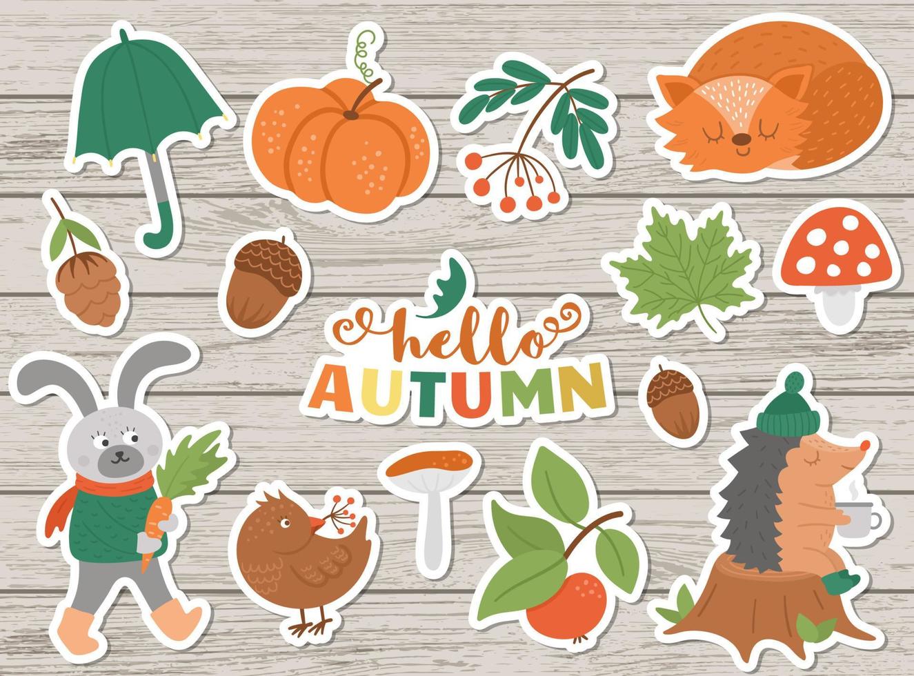 Vector autumn sticker pack. Cute fall season icons set for prints, badges.  Funny illustration of forest animals, pumpkins, mushrooms, leaves, harvest, vegetables, birds