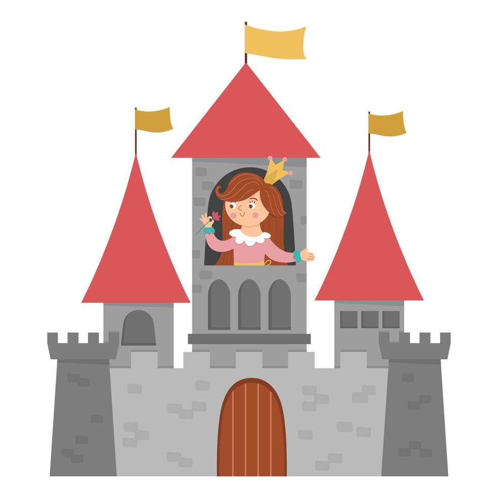 Castillo de vector con icono de princesa aislado sobre fondo blanco. palacio medieval de piedra con torres, banderas, puertas. ilustración de la casa del rey de cuento de hadas