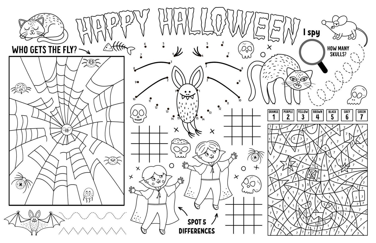 Vector Halloween placemat for kids. Fall holiday printable activity mat with maze, tic tac toe charts, connect the dots, find difference. Black and white autumn play mat or coloring page