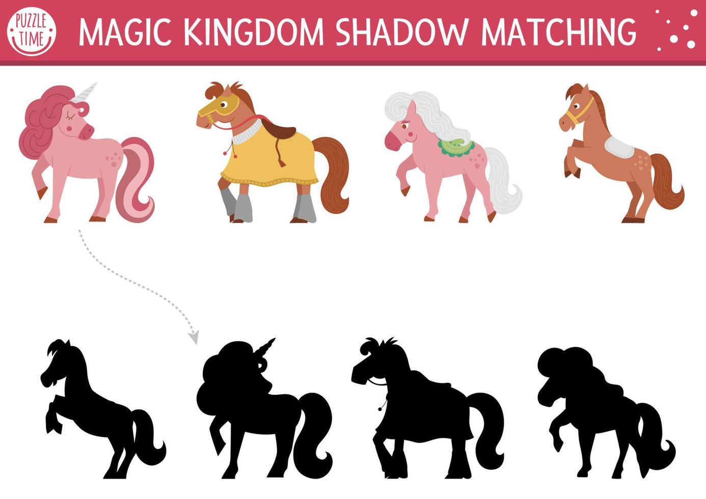 Fairytale shadow matching activity with horses and unicorn. Magic kingdom puzzle with cute characters. Find correct silhouette printable worksheet or game. Fairy tale page for kids vector