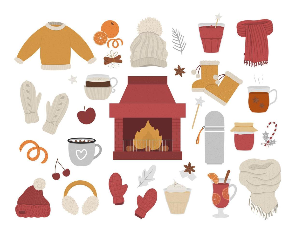 Vector cozy winter set with chimney and fire in the center. Warming objects illustration. Items for cold season. Food, drinks, spices and clothes to warm up isolated on white background.