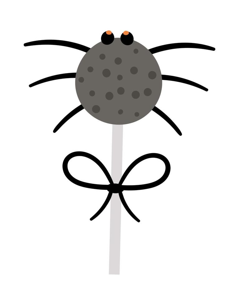 vector dulce para el juego de truco o trato. araña aterradora como piruleta con lazo negro. comida tradicional de fiesta de halloween. Postre en forma de insecto aislado sobre fondo blanco. diseño de vacaciones de otoño