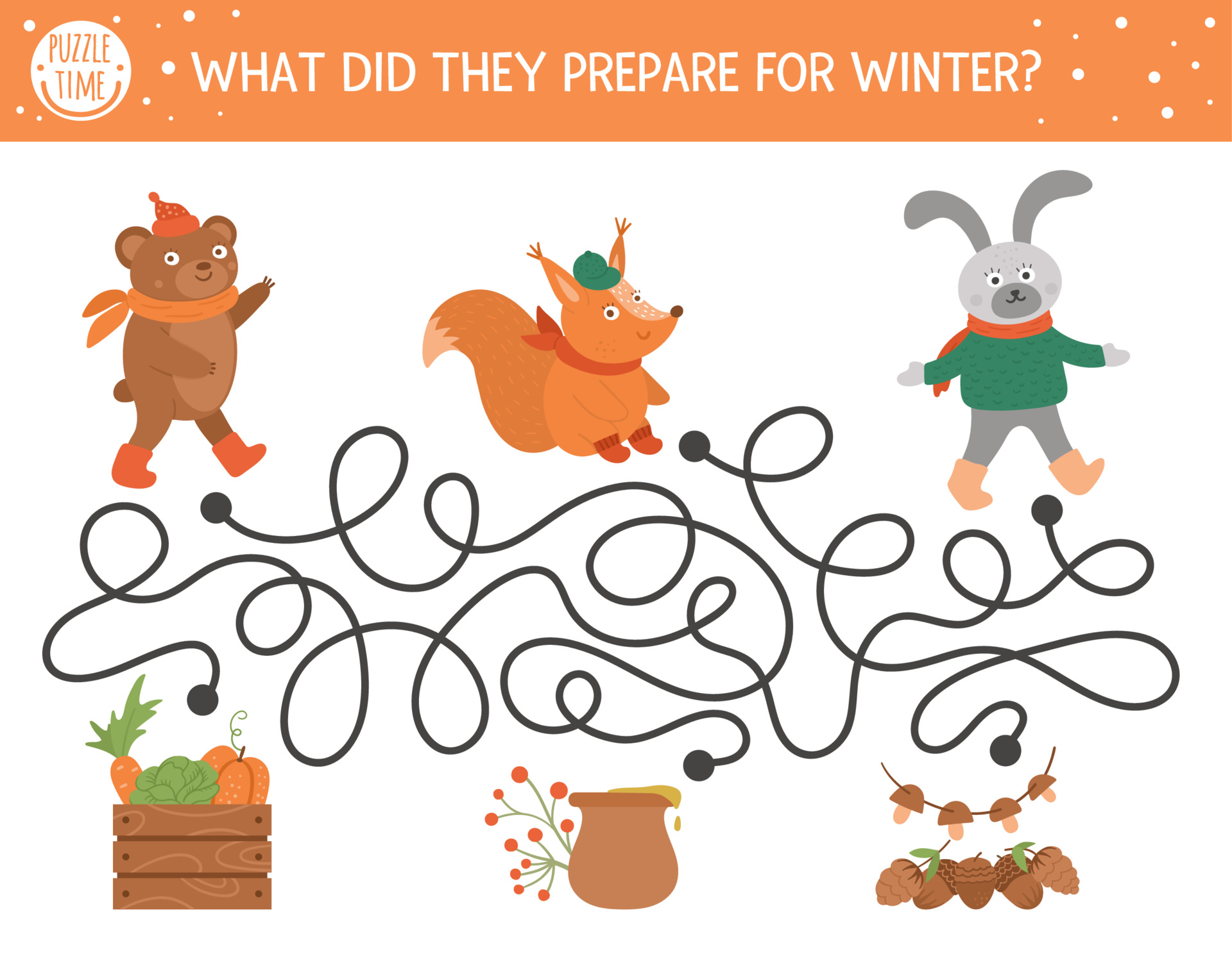 Autumn maze for children. Preschool printable educational activity. Funny fall season puzzle with cute woodland animals and harvest. What did they prepare for winter. Forest game for kids. 3758221 Vector Art at Autumn maze for children. Preschool printable educational activity. Funny fall season puzzle with cute woodland animals and harvest. What did they prepare for winter. Forest game for kids. 3758221 Vector Art at