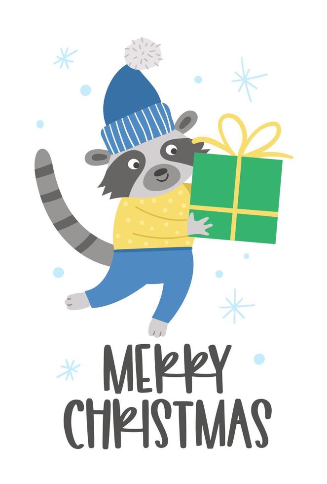 Vector raccoon wearing hat and sweater with present and snowflakes. Cute winter animal illustration. Funny Christmas card design. New Year print with smiling character