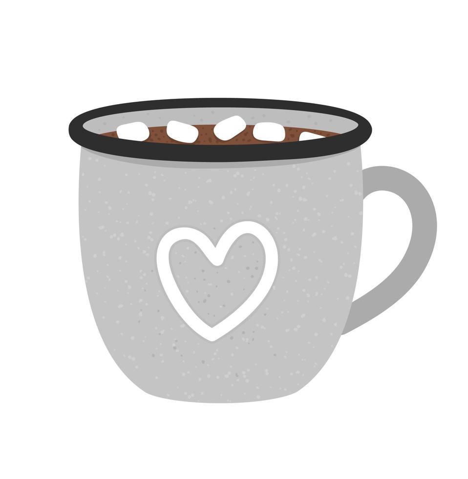 Vector enamel cup with cocoa and marshmallow. Winter traditional drink illustration. Holiday hot beverage icon. Illustration of cocoa or cappuccino isolated on white background.