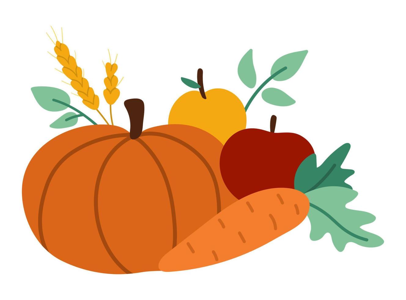 Vector fruit and vegetable arrangement. Cute horizontal set with apples, pumpkin and carrot. Autumn garden composition clipart. Fall season harvest icon isolated on white background