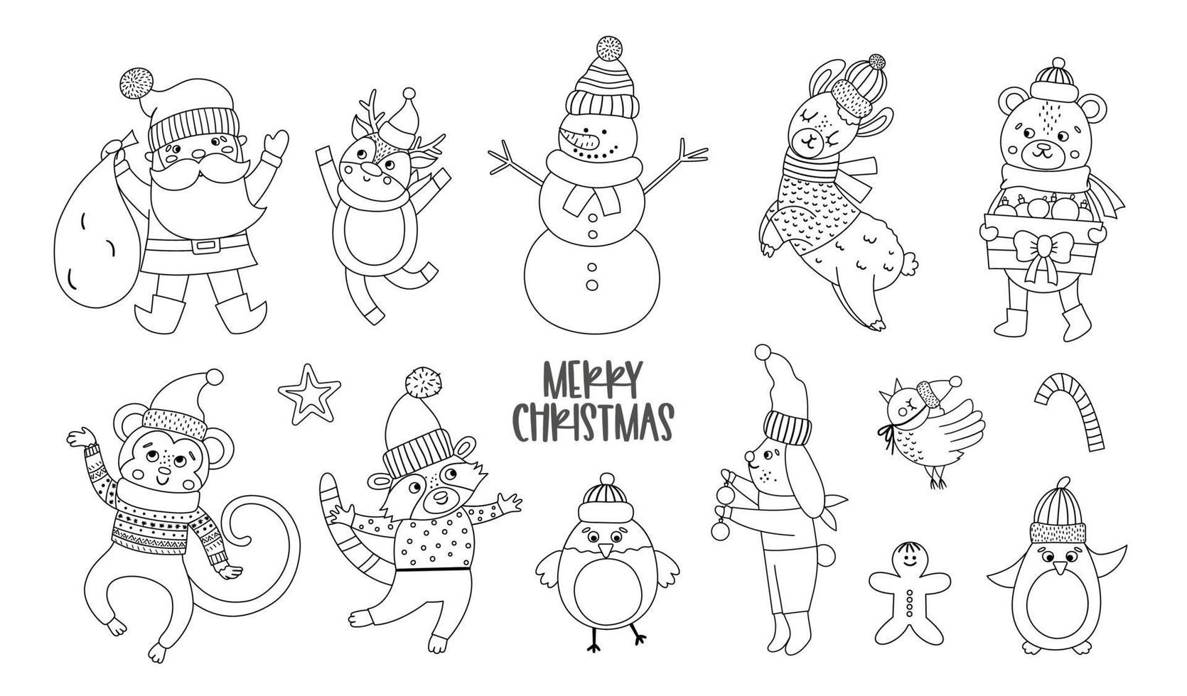 Vector set of black and white Christmas characters. Santa Claus with sack, funny animals, snowman line icons isolated on white background. Cute winter illustration for decorations or new year design.