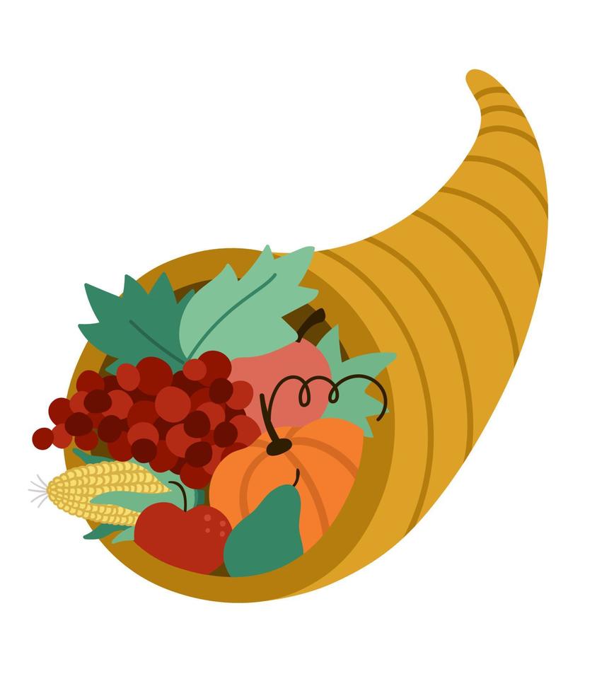 icono de vector cornucopia. arreglo de frutas y verduras. lindo símbolo de cosecha y riqueza con manzanas, calabaza y zanahoria. Imágenes Prediseñadas de cuerno del día de acción de gracias de otoño. ilustración de la cosecha de la temporada de otoño