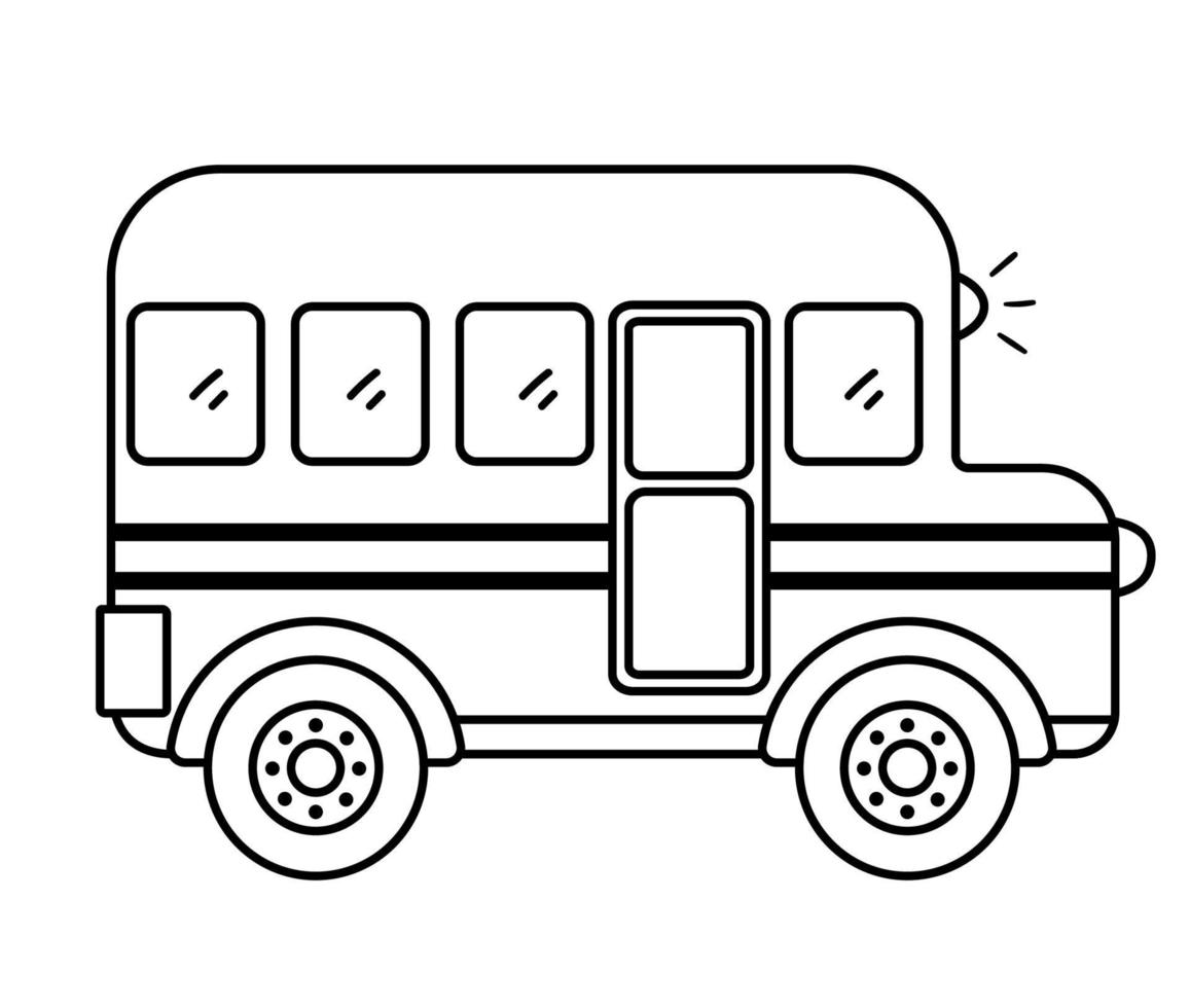 Vector autobús escolar en blanco y negro. contorno de regreso a la escuela clipart educativo. lindo transporte público de estilo de línea. icono de transporte de contorno aislado sobre fondo blanco