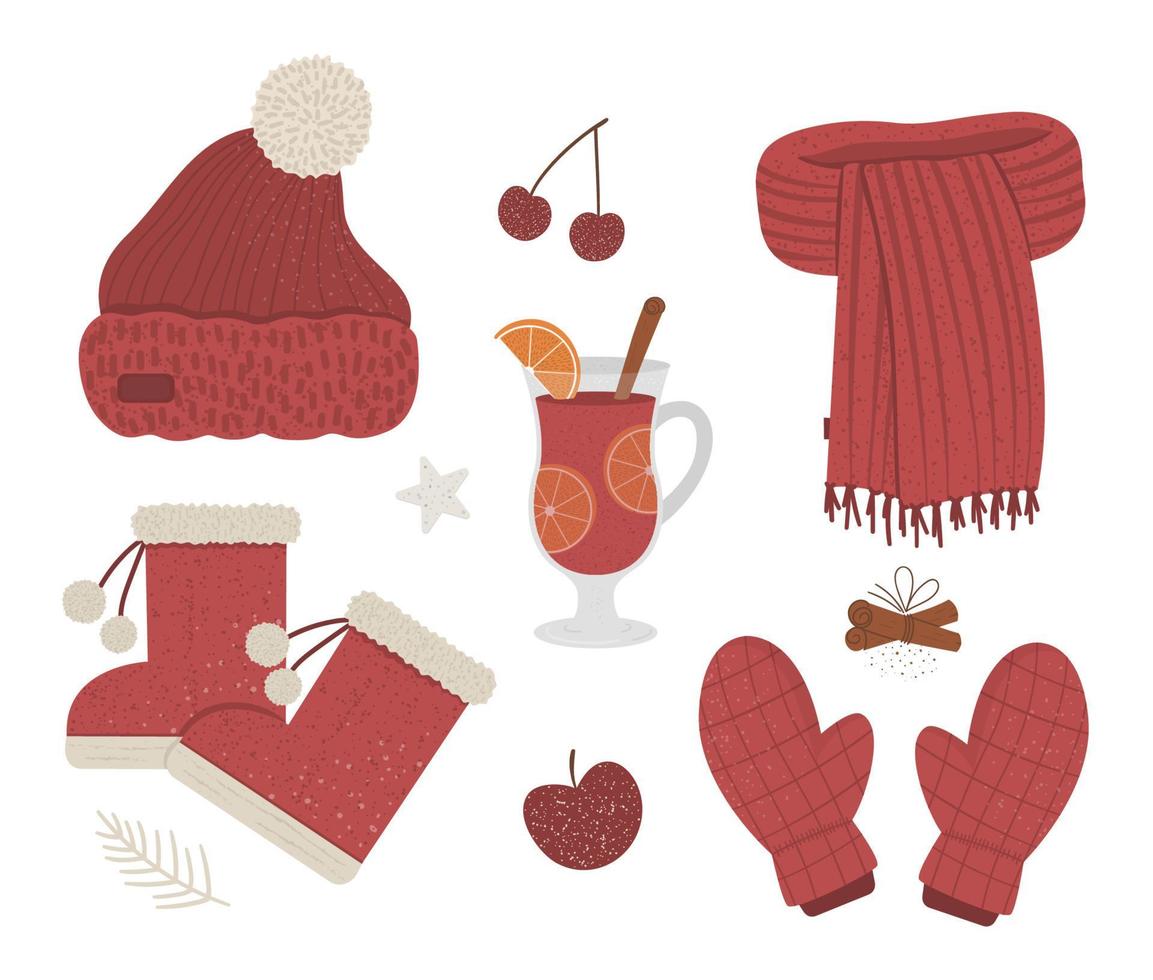 Winter red colored clothes set. Collection of vector clothing items for cold weather. Flat illustration of knitted warm sweater, earmuffs, mittens, boots, hot drink and spices.