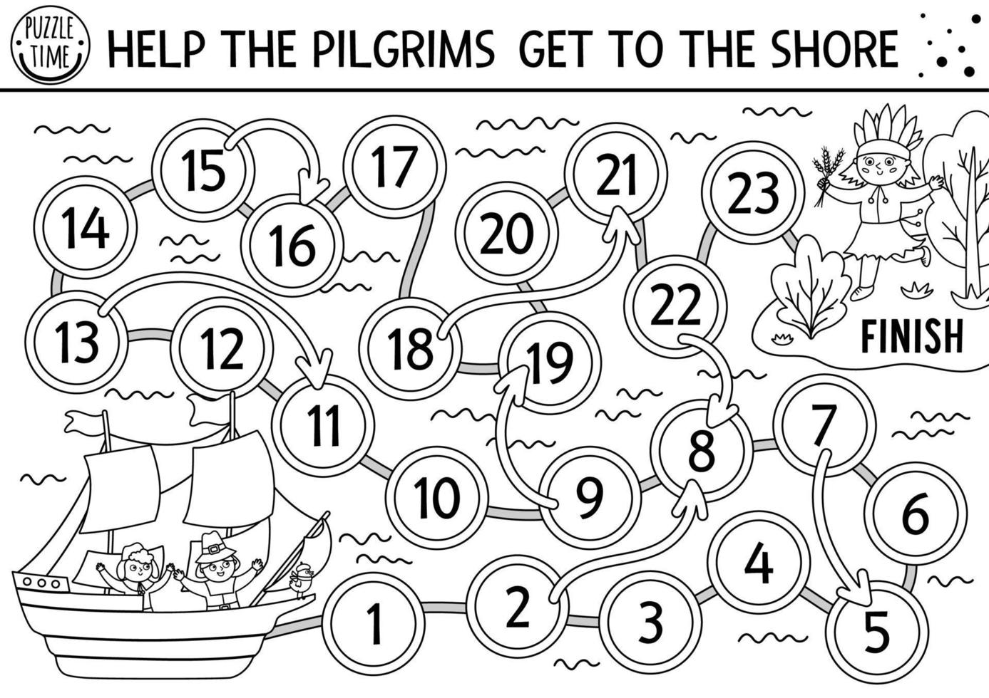 Thanksgiving black and white dice board game for children with cute