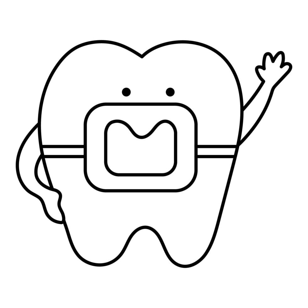 Diente kawaii en blanco y negro con tirantes. vector icono de línea de dientes. imagen divertida de cuidado dental para niños. Dentista bebé clínica clipart o página para colorear con concepto de higiene bucal