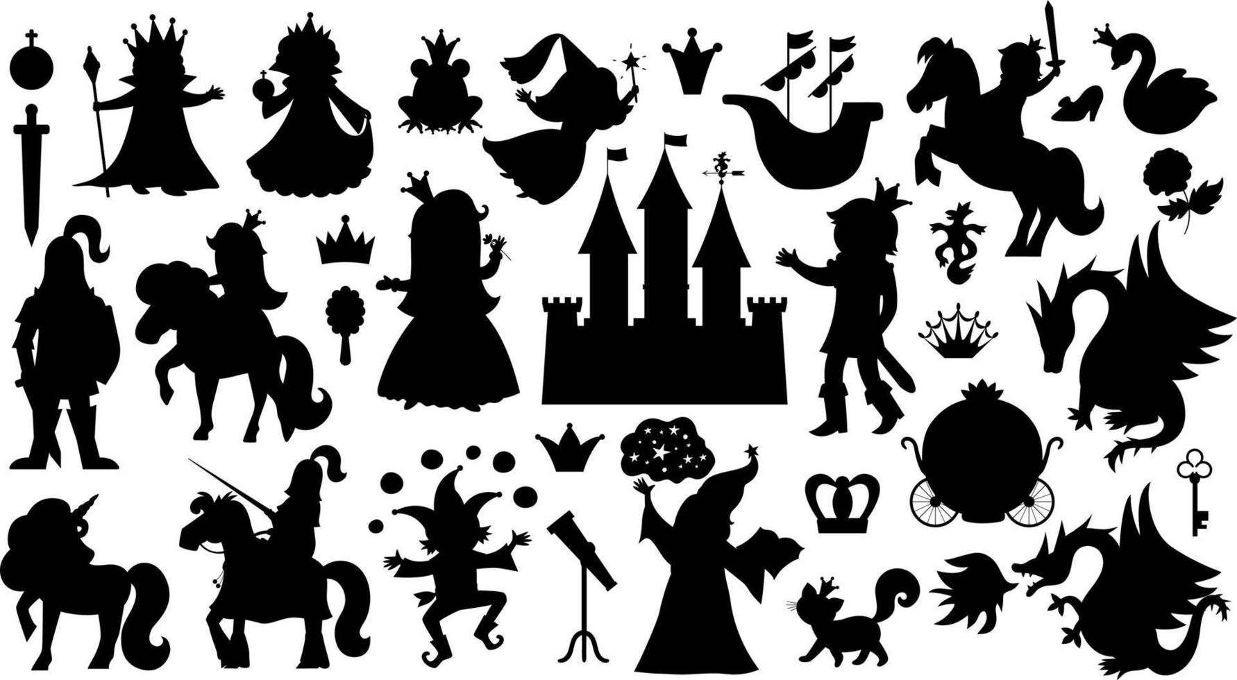 Fairy tale characters and objects silhouettes collection. Big black and white vector set of fantasy princess, king, queen, knight, unicorn, dragon. Medieval fairytale castle shadows pack