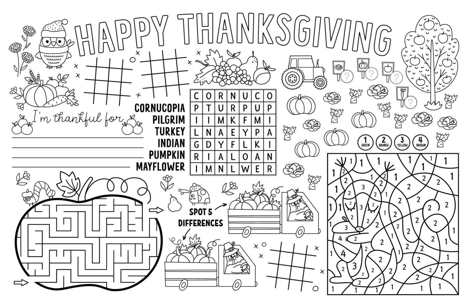 Vector Thanksgiving placemat for kids. Fall holiday printable activity mat with maze, tic tac toe charts, connect the dots, find difference. Black and white autumn play mat or coloring page