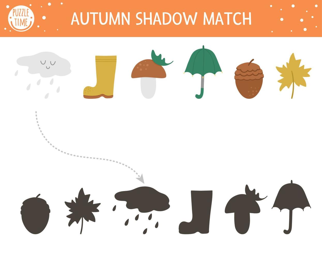 Autumn shadow matching activity for children. Fall season puzzle with cute objects. Simple educational game for kids with umbrella, cloud, leaf. Find the correct silhouette printable worksheet. vector