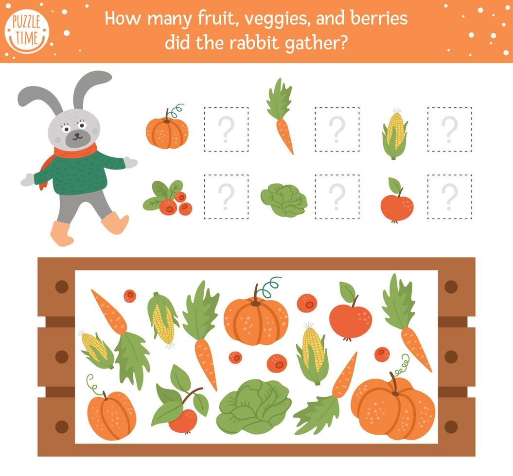 Counting game with vegetables, wooden case and rabbit. Autumn spying activity for preschool children. Fall season math worksheet. Educational printable with cute funny harvest elements for kids vector