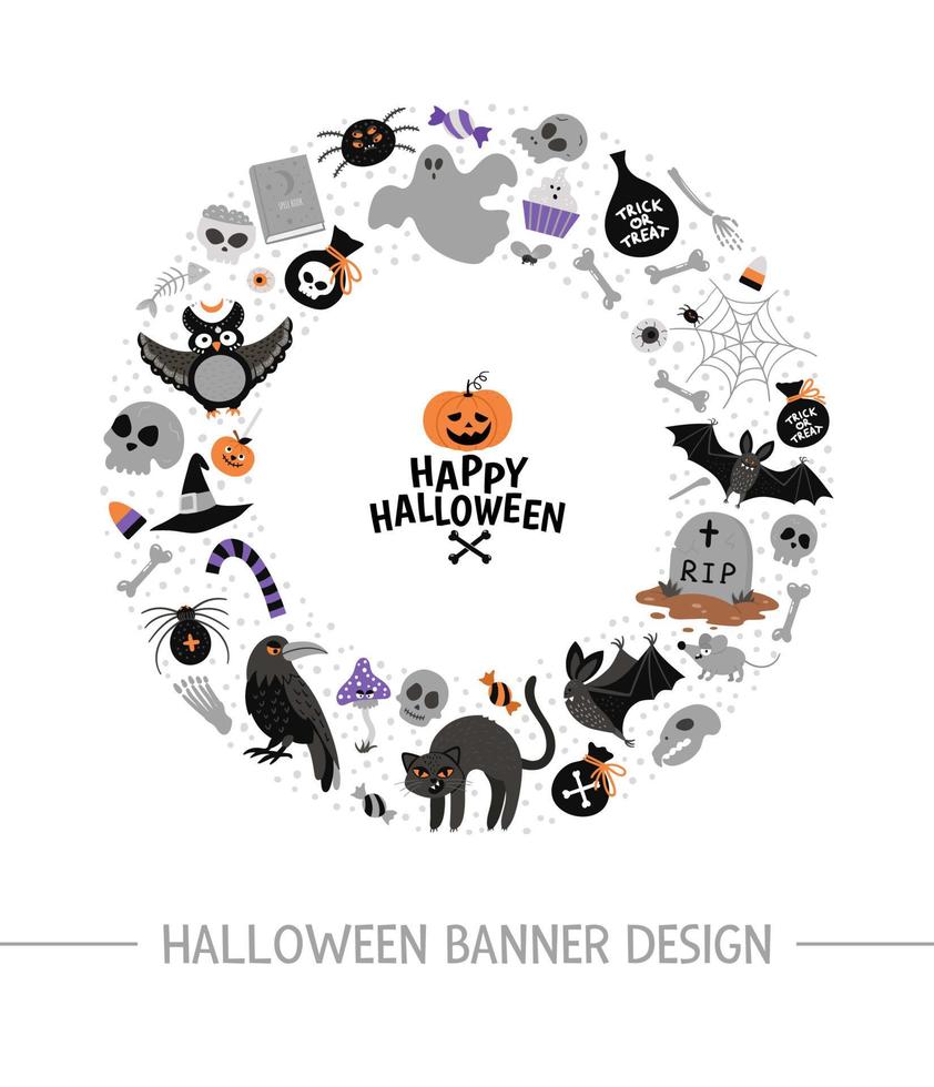 Vector round frame with Halloween elements. Traditional Samhain party clipart. Scary design for banners, posters, invitations. Cute Autumn holiday card template in circle shape.