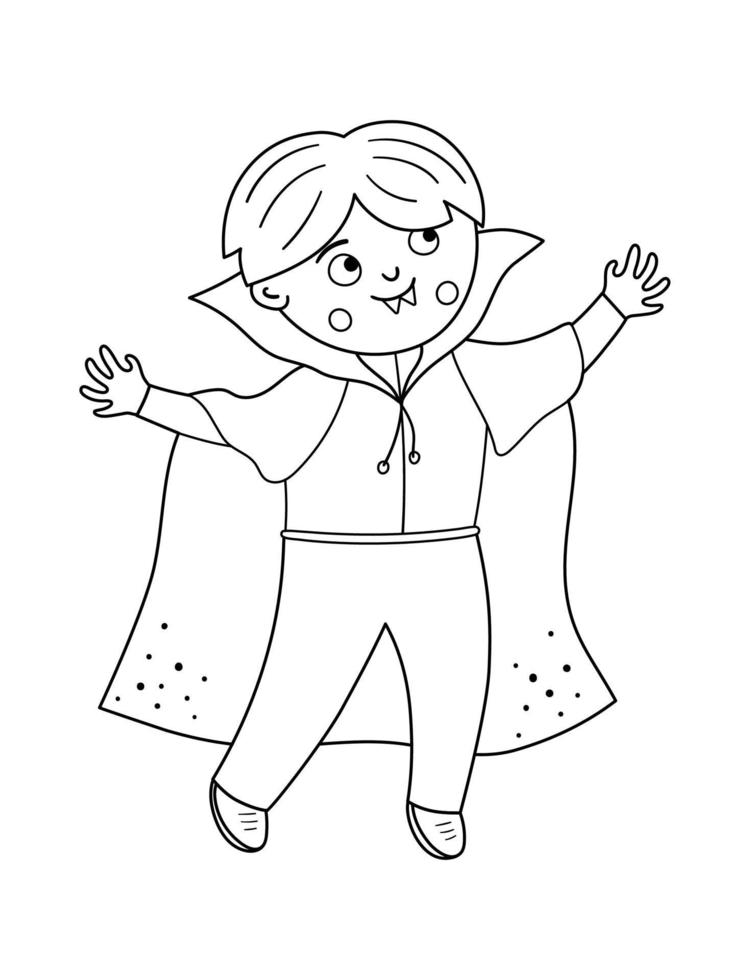 Boy dressed like a vampire. Cute black and white vector Halloween kid character. Child in scary Dracula costume. Funny autumn all saints eve illustration. Samhain dress party coloring page.