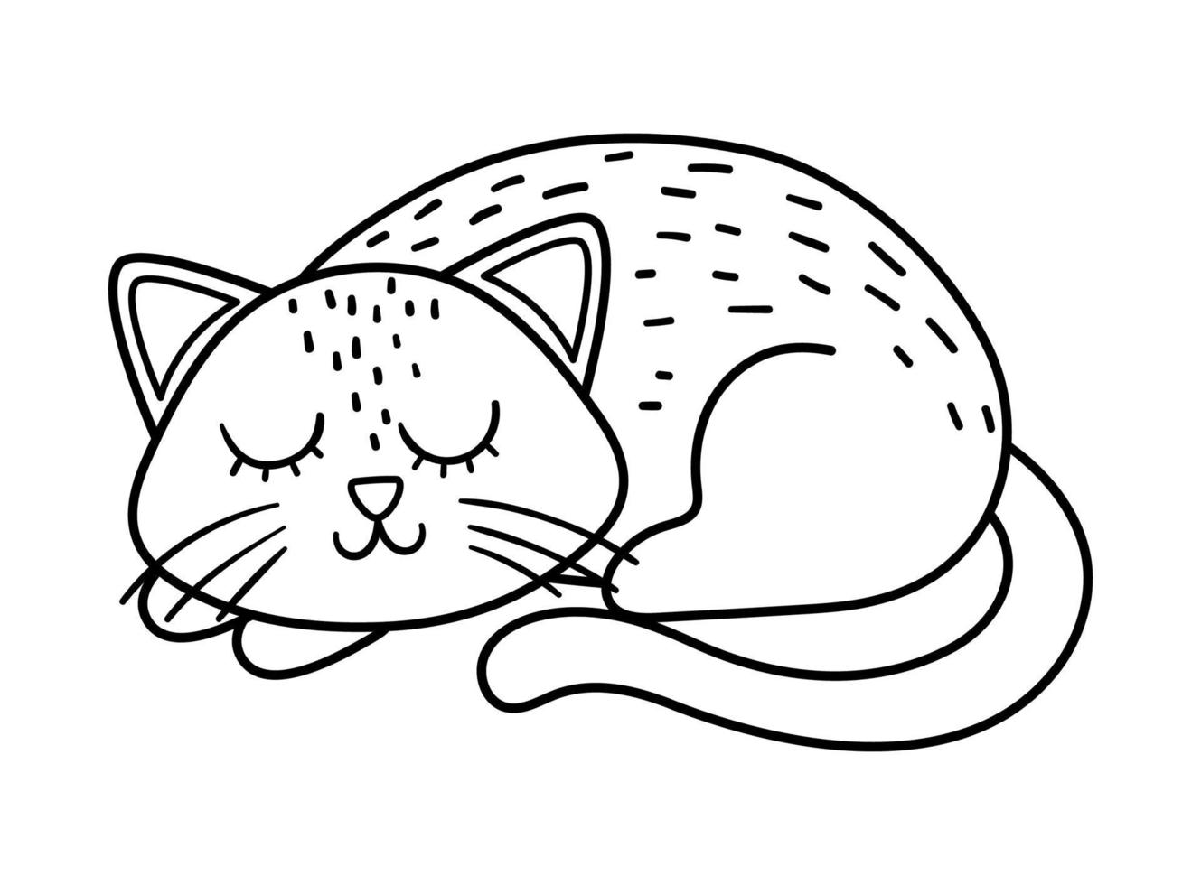 lindo vector gato durmiendo en blanco y negro. icono de personaje de halloween. Ilustración divertida de la víspera de todos los santos de otoño con un animal aterrador. fiesta de samhain página para colorear para niños.
