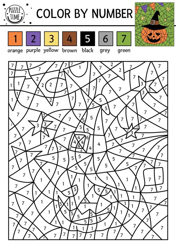 Vector Halloween color by number activity with cute pumpkin lantern in wizard hat. Autumn holiday coloring and counting game. Funny coloration page for kids with jack-o-lantern.