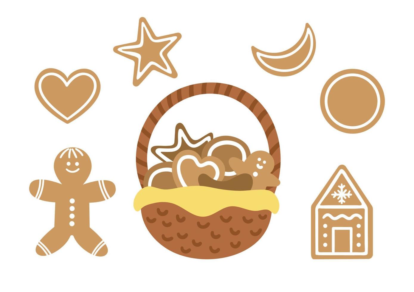 vector con cesta y pan de jengibre decorado aislado sobre fondo blanco. linda ilustración divertida de pastelería de año nuevo. icono de postre tradicional de navidad