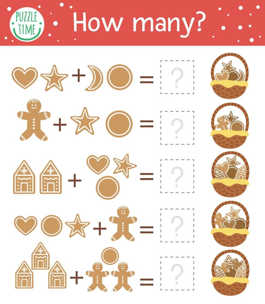 Christmas counting game with gingerbread cookies. Winter activity for preschool children. Educational New Year printable math worksheet with traditional food elements for kids vector