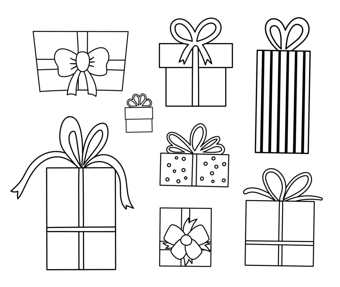 vector blanco y negro conjunto de lindos regalos con arcos. divertida colección de cajas de regalo de cumpleaños o navidad. Ilustración de vacaciones brillante para niños. celebración página para colorear.