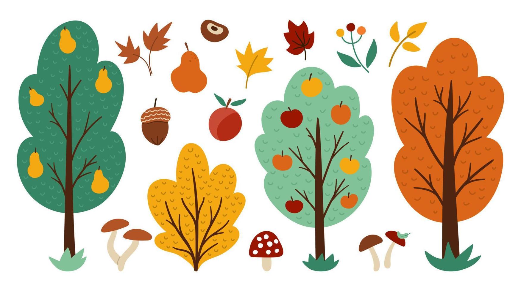 Vector set of autumn forest or garden fruit trees, plants, shrubs, bushes, mushrooms isolated on white background. Fall apple and pear garden illustration. Natural greenery icons collection