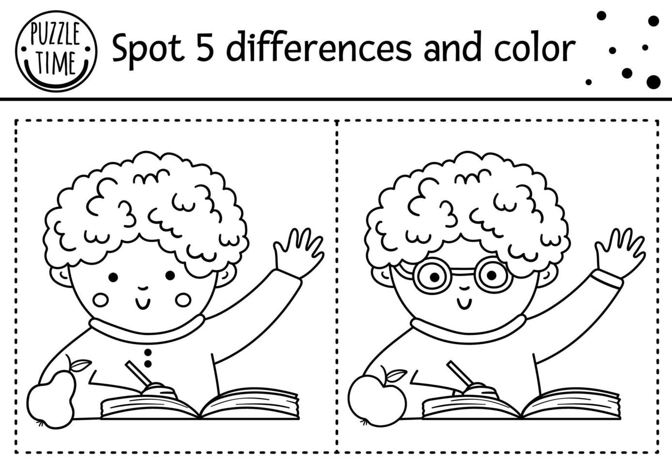 Back to school find differences game for children. Black and white educational activity and coloring page with school boy. Autumn printable worksheet with cute pupil. vector