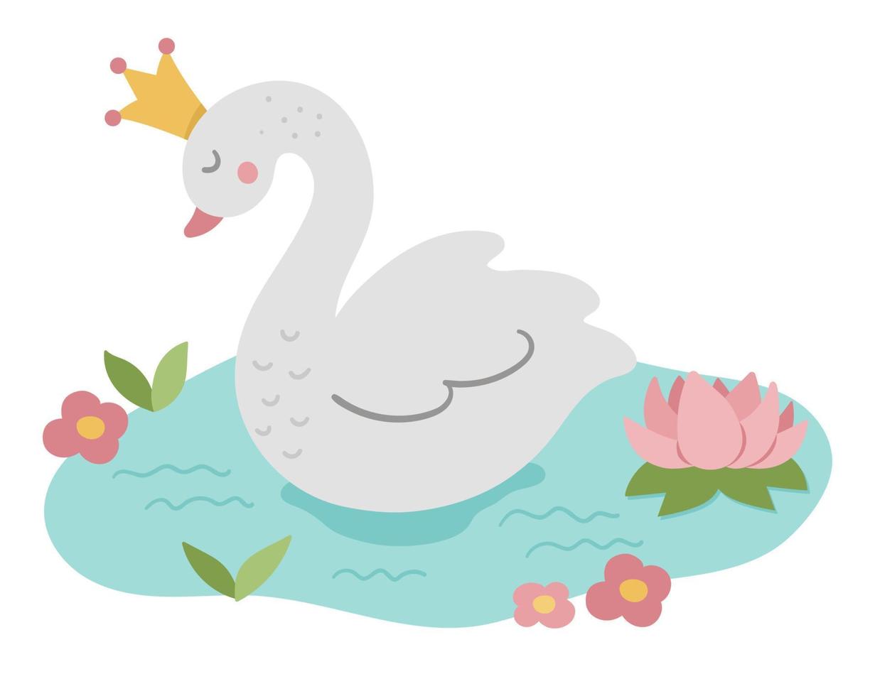 Fairy tale vector swan princess. Fantasy bird in crown in pond with water lily isolated on white background. Fairytale animal character. Cartoon magic icon