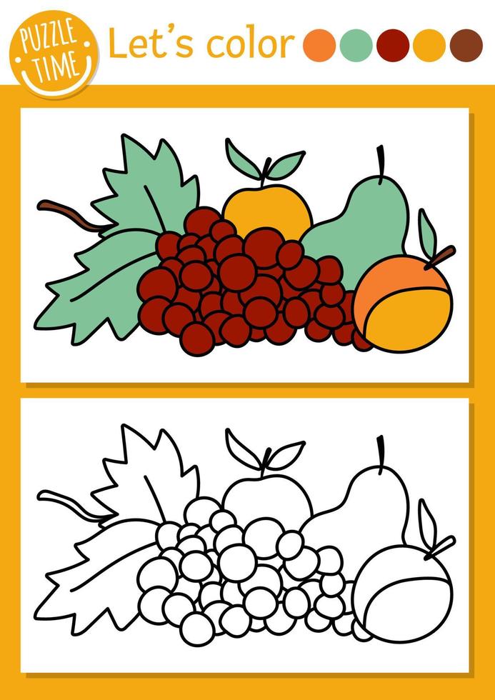 Página para colorear de jardín para niños con frutas. vector ilustración de contorno de otoño con cosecha. libro de colores para niños con ejemplo de colores. hoja de trabajo imprimible de habilidades de dibujo