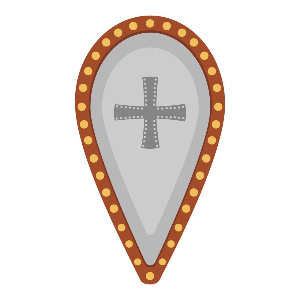 Vector shield icon. Fairy tale knight armor with royal power symbols. Fairytale soldier sword. Cartoon medieval weapon illustration.