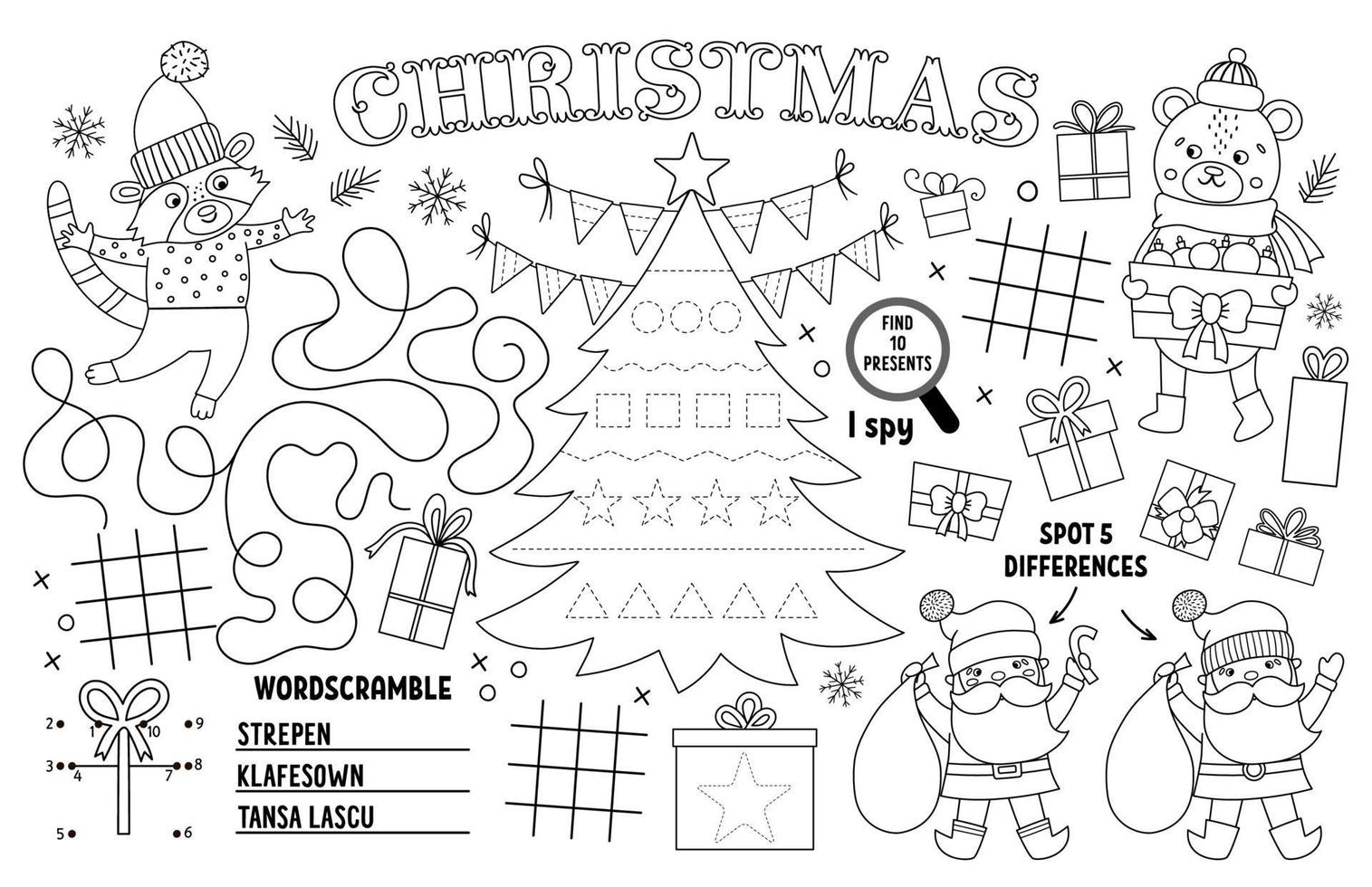 Vector Christmas placemat for kids. Winter holiday printable activity mat with maze, tic tac toe charts, connect the dots, find difference. Black and white New Year play mat or coloring page