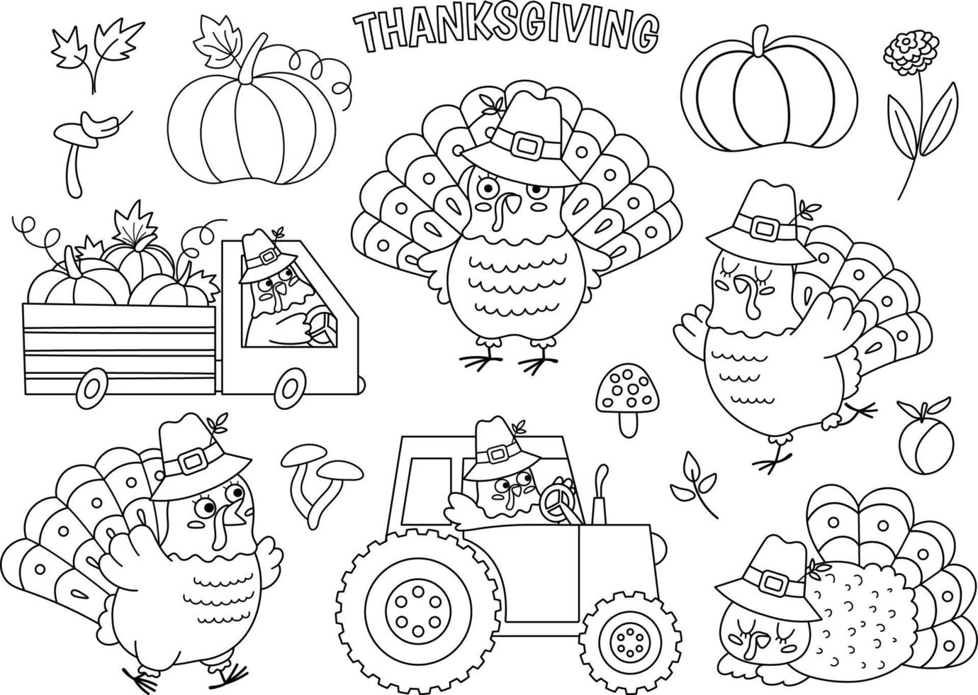 Vector conjunto de pavo de acción de gracias en blanco y negro. icono de línea de pájaros de otoño. animal de contorno de vacaciones de otoño en paquete de sombrero de peregrino. devoradores de línea conduciendo un coche con calabazas, tractor, durmiendo, corriendo.