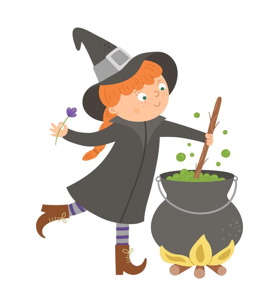 Cute vector witch. Halloween character icon. Funny autumn all saints eve illustration with girl preparing green potion in cauldron. Samhain party sign design for kids.